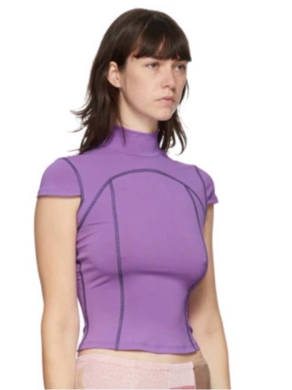 Eckhaus Latta Purple Short-Sleeve Mock Neck Crop Top Contrast Stitching Sz L